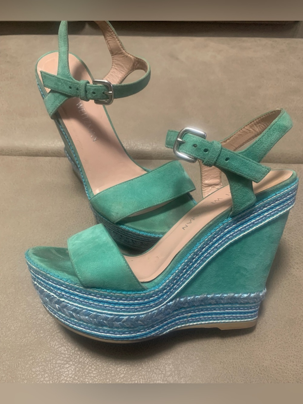 Stuart Weitzman Womens Turquoise Suede Island Wedge Sandals Size 7M ($450 Msrp)